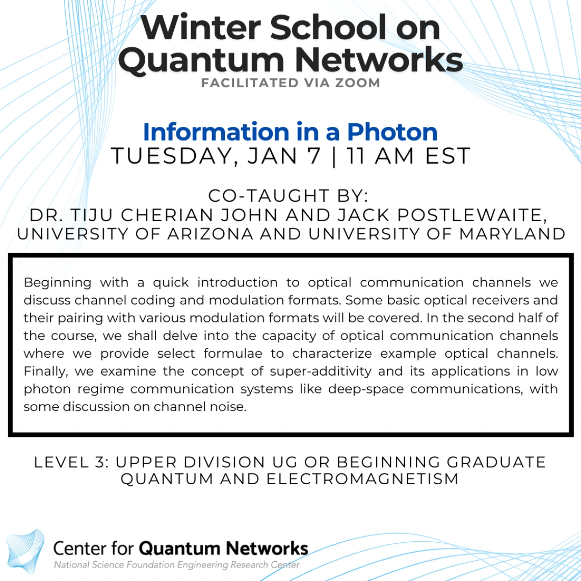 Information in a Photon Tiju Cherian John & Jack Postlewaite Beginning with a quick introduction to optical communication channels we discuss channel coding and modulation formats. Some basic optical receivers and their pairing with various modulation formats will be covered. In the second half of the course, we shall delve into the capacity of optical communication channels where we provide select formulae to characterize example optical channels. Finally, we examine the concept of super-additivity and its